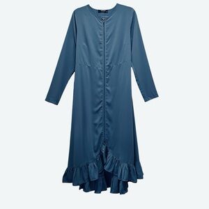 Puane Blue Sz 38/S Elegant Maxi Dress Zip Front Ruffle Hem Abaya Modern Modest